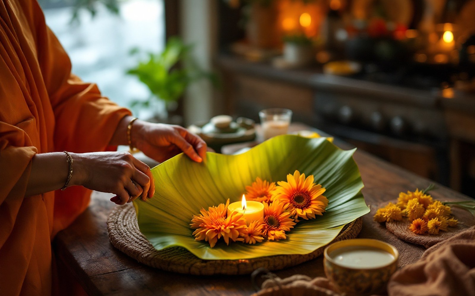 Adult hands folding a banana-leaf float with a candle and marigolds on a kitchen table
