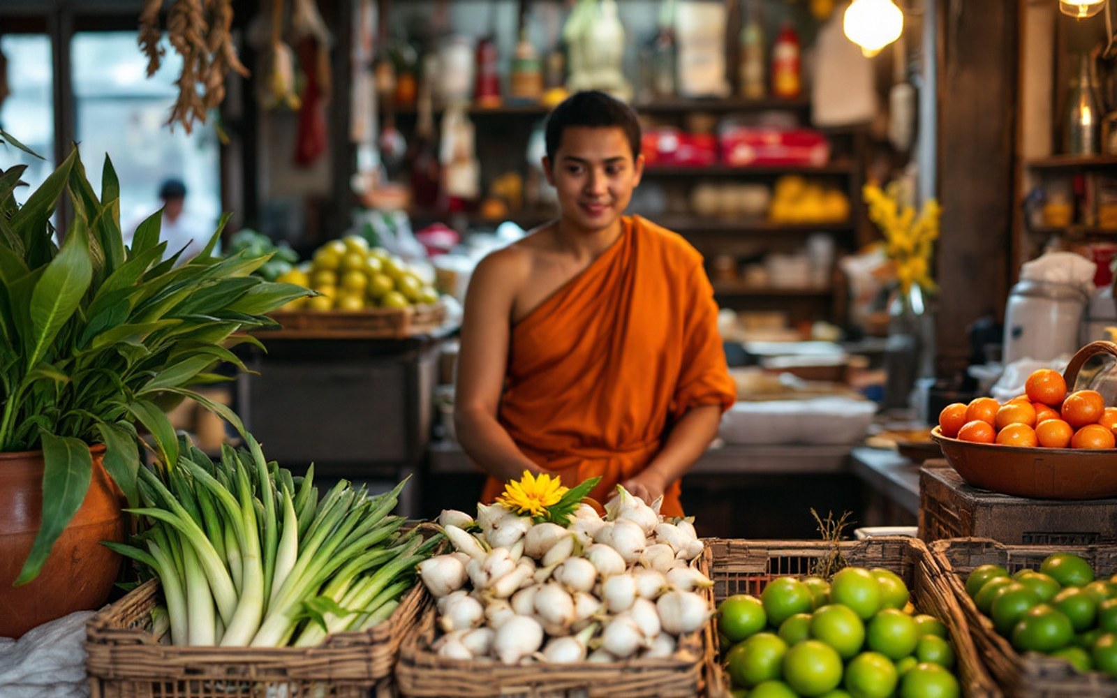 Crates of galangal, lemongrass and makrut lime at a grocer's, adult shopkeeper behind