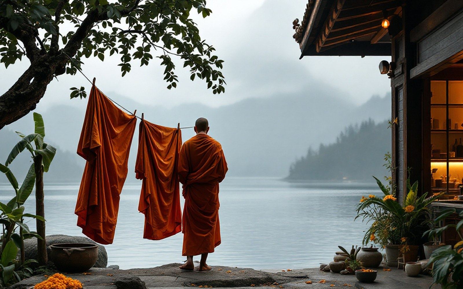 Ochre monks' robes drying on a line against a grey overcast sky