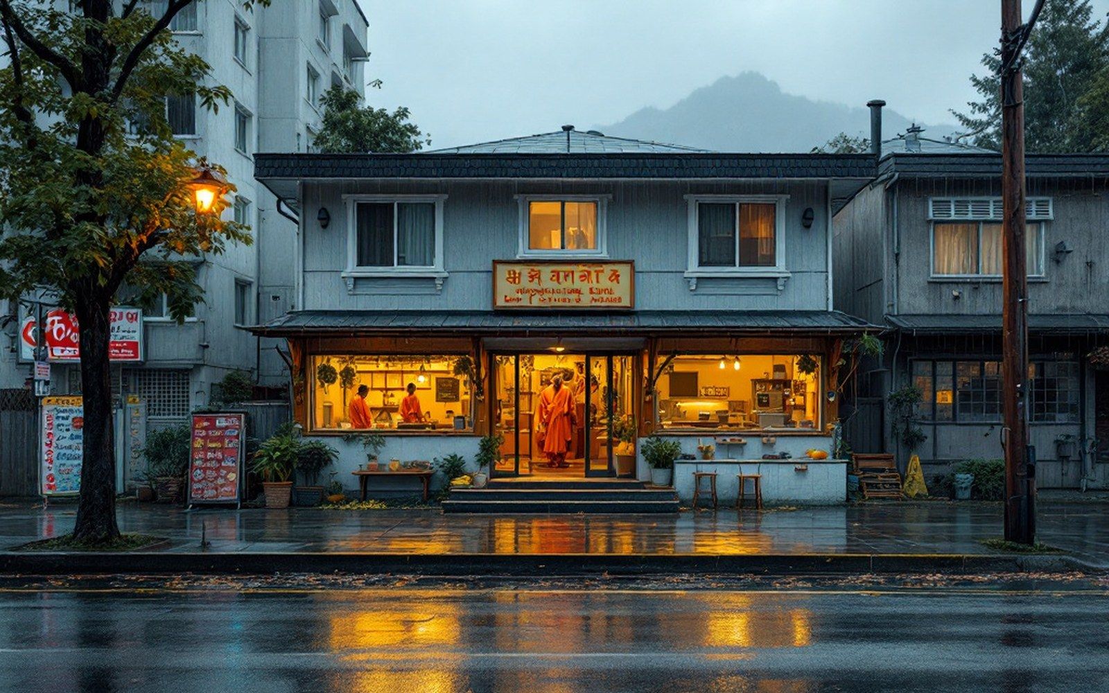 A low-rise community building on a wet Vancouver street