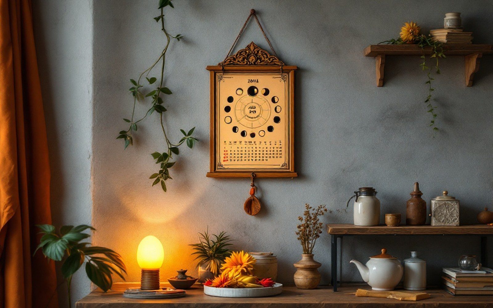A wall calendar with lunar phases marked, beside a small shrine shelf