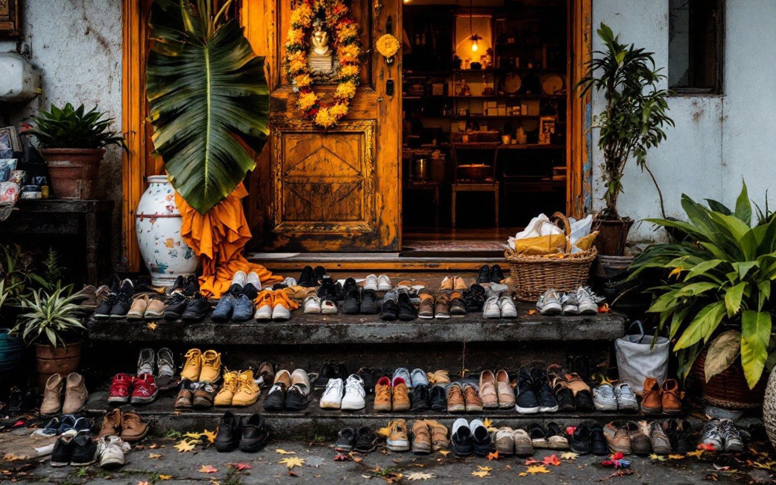 Shoes left in rows outside a temple hall door