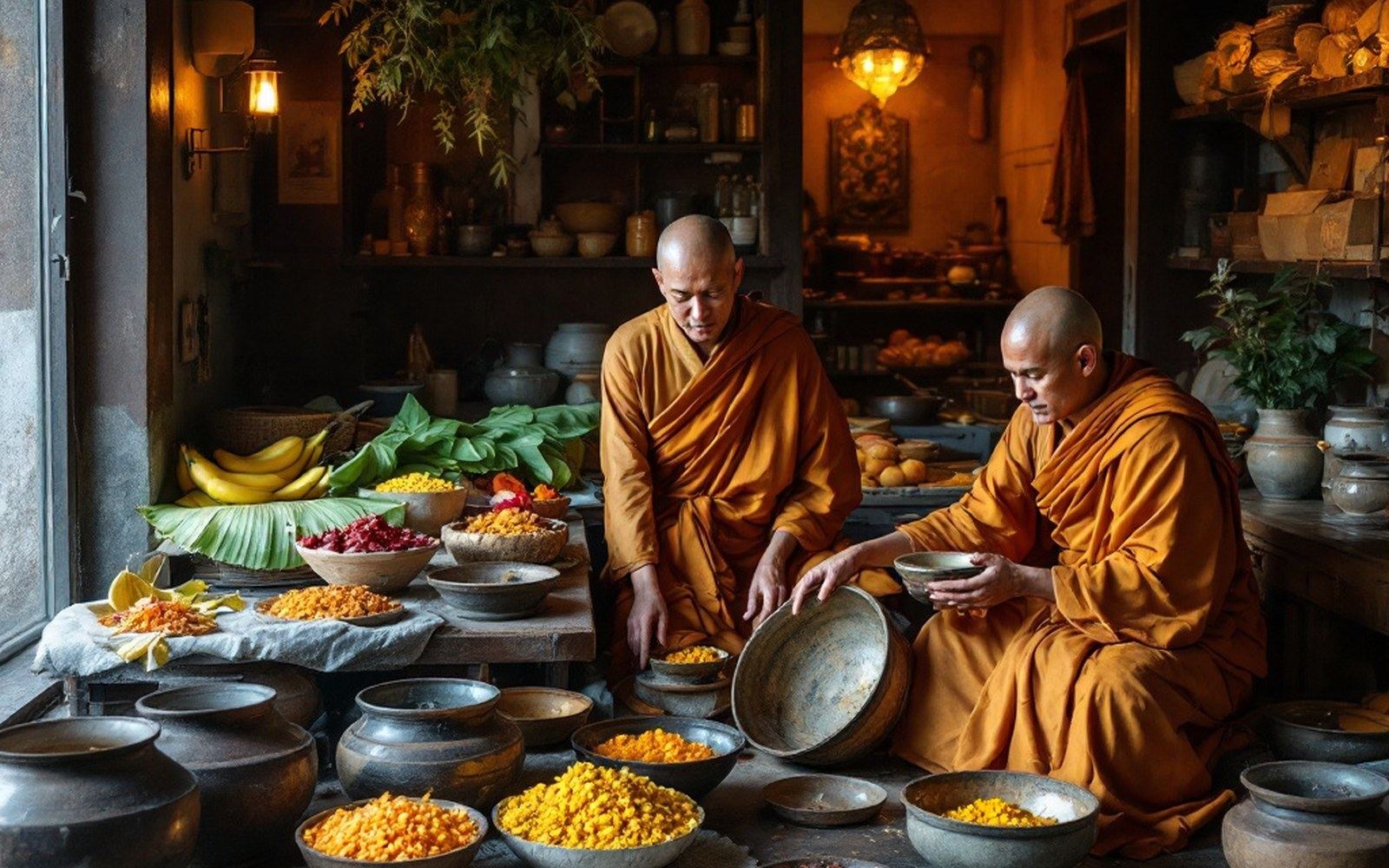 Monks' robes and bowls arranged in a temple storeroom