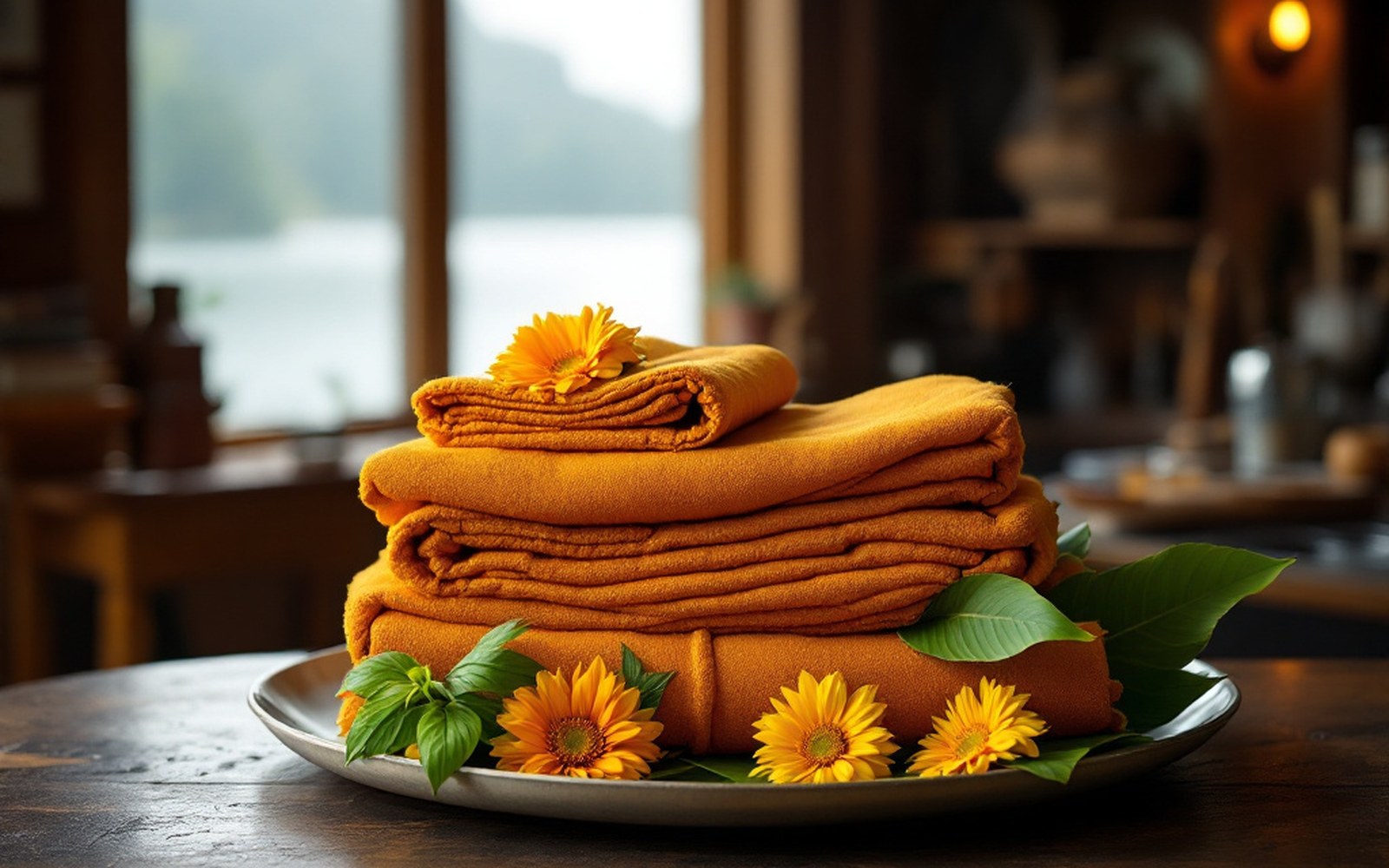 Folded new robes stacked on a tray with flowers