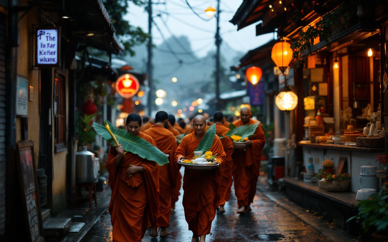 A small procession on a wet street under overcast sky, adults carrying offerings