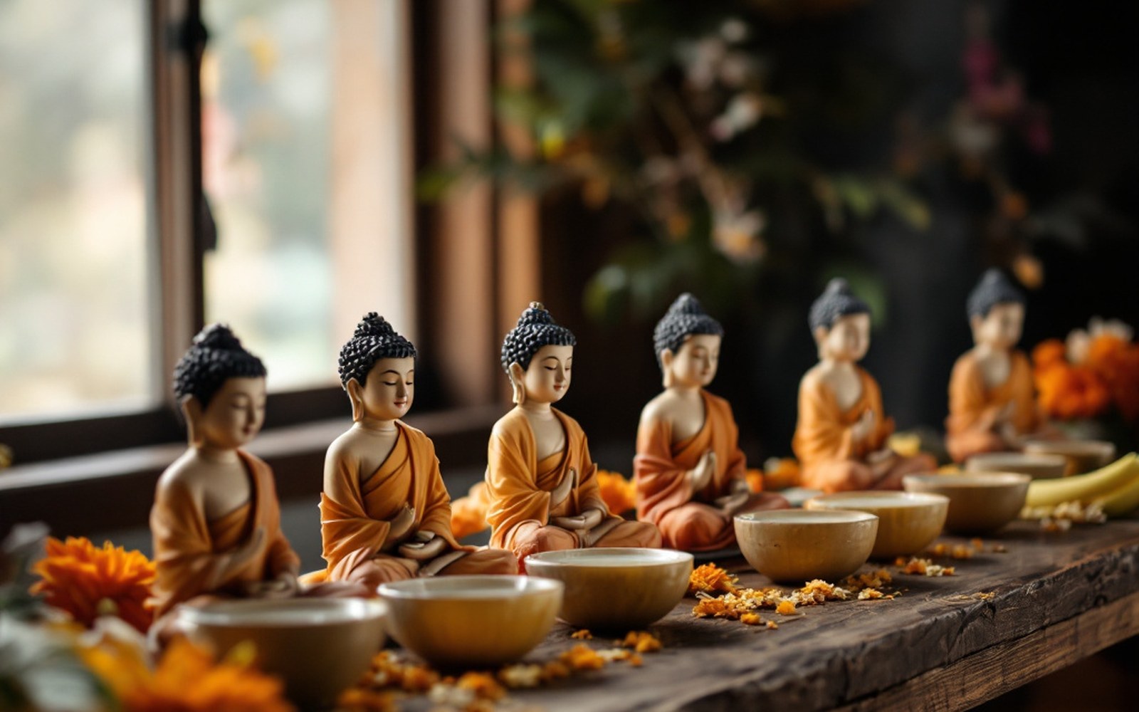 A row of small Buddha images on a table with bowls of jasmine water beside them