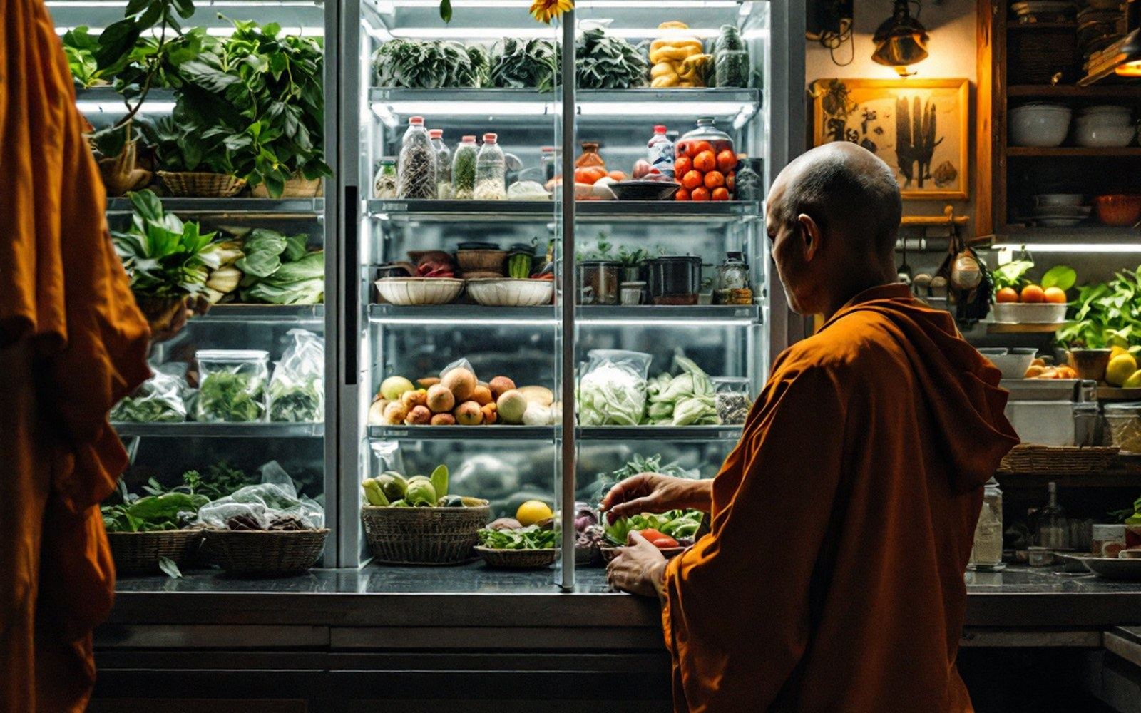 A grocer's refrigerated shelves of Southeast Asian herbs and vegetables