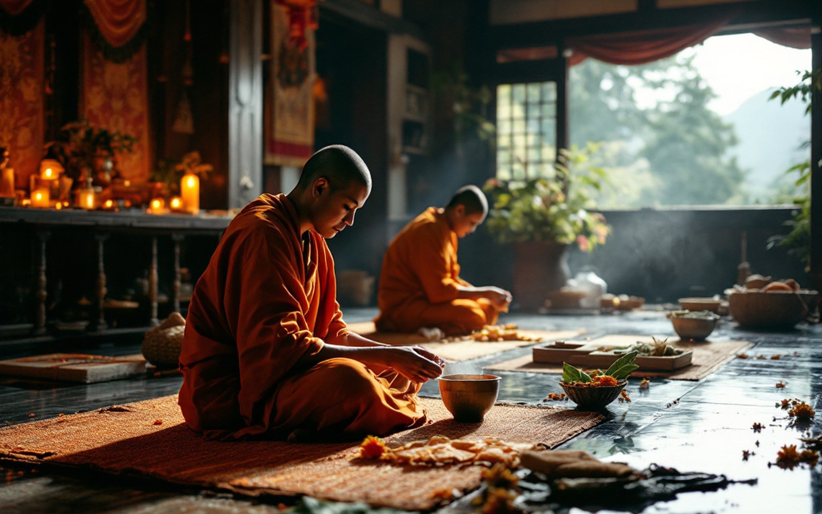 A temple hall on a spring morning, adults kneeling on mats, one pouring water from a small bowl